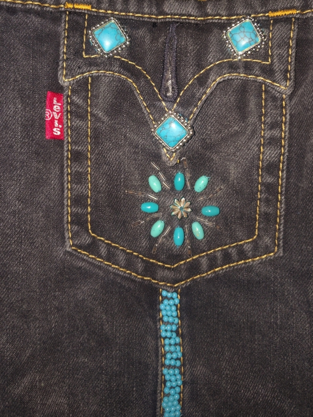 Levi's Black Skinny Jeans with Turquoise Bead & Stone Pocket Accents